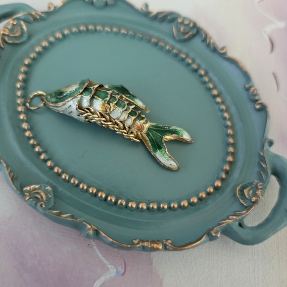 Vintage Articulated Green Jointed Cloisonne Enamel Koi Fish Pendant - Picture 13 of 13